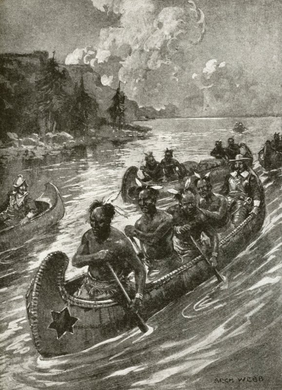 Samuel De Champlain v roce 1608 při výstupu na řeku svatého Vavřince na kánoích přátelských domorodých amerických Indiánů (litho) od Archibald Bertram (after) Webb