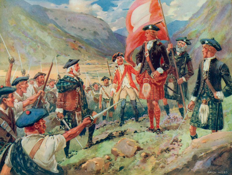 The Raising of the Standard, Bonnie Prince Charlie přistává ve Skotsku v roce 1745 (barevně lito) od Archibald Bertram (after) Webb