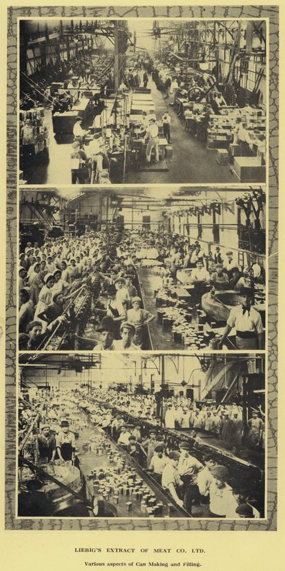 Výroba a plnění plechovek, továrna Liebig Extract of Meat Company, Ltd, Argentina (čb foto) od Argentinian Photographer
