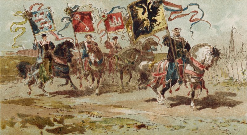 Jezdci nesoucí prapory Hanzy a některých jejích členských měst, Španělské Nizozemsko, 16. století od Armand Jean Heins