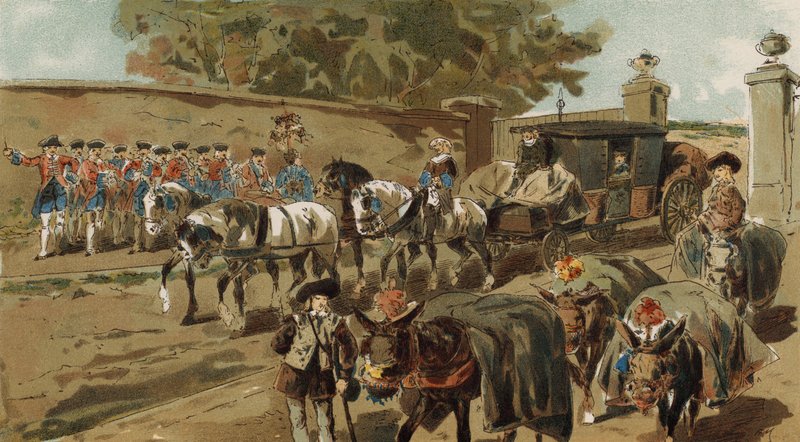 Naložení osli a poštovní kočár, Rakouské Nizozemsko, 18. století od Armand Jean Heins