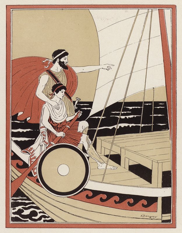 Athéna, která vede Telemacha při hledání Odyssea (barva litho) od Armand Joseph Bonamy