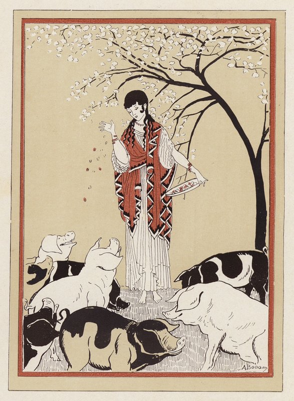 Circe krmí společníky Odyssea poté, co z nich udělal prasata (barva litho) od Armand Joseph Bonamy