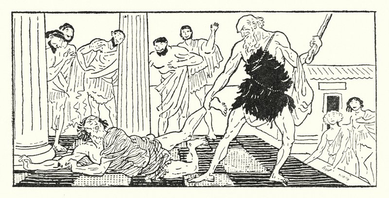 Odysseus táhne Irus ze síně (litho) od Armand Joseph Bonamy