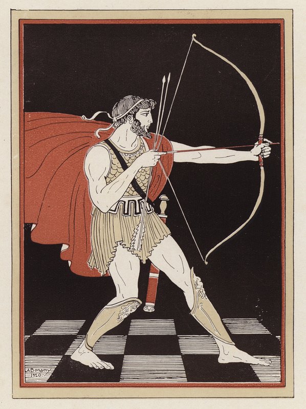 Odysseus tasí luk (barva litho) od Armand Joseph Bonamy