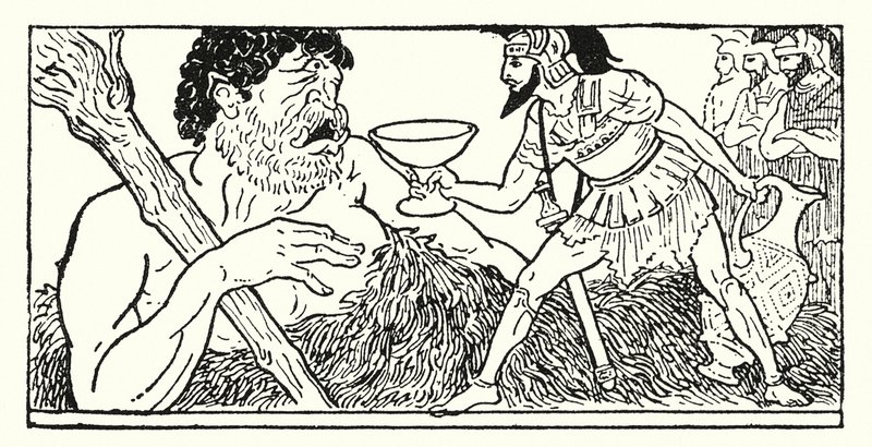 Odysseus nabízí pohár vína obrovi Polyphemus (litho) od Armand Joseph Bonamy