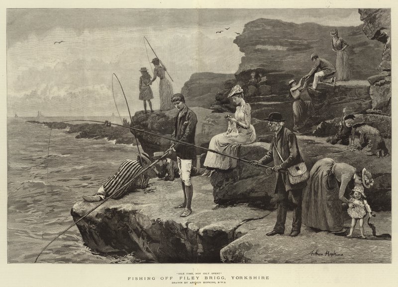 Rybolov u Filey Brigg, Yorkshire (rytina) od Arthur (after) Hopkins