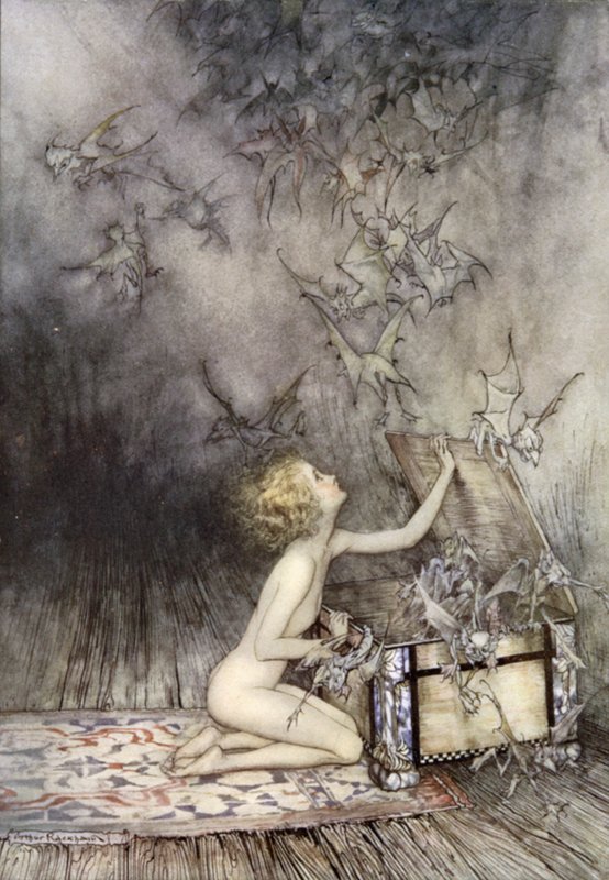 Otevření Pandořiny skříňky, scéna z knihy A Wonder Book, Nathaniel Hawthorne (barevné lito) od Arthur (after) Rackham