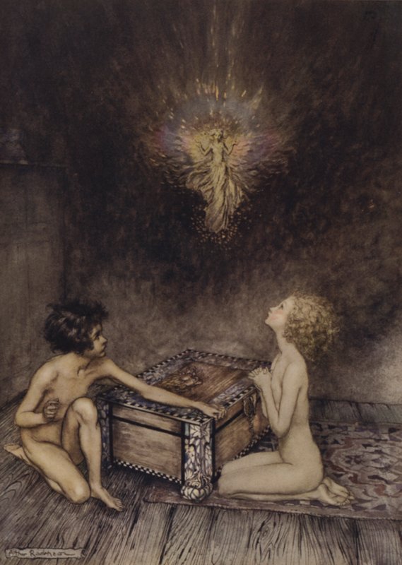 Pandora a Epimetheus, scéna z knihy A Wonder Book, od Nathaniela Hawthorna (barevné litho) od Arthur (after) Rackham