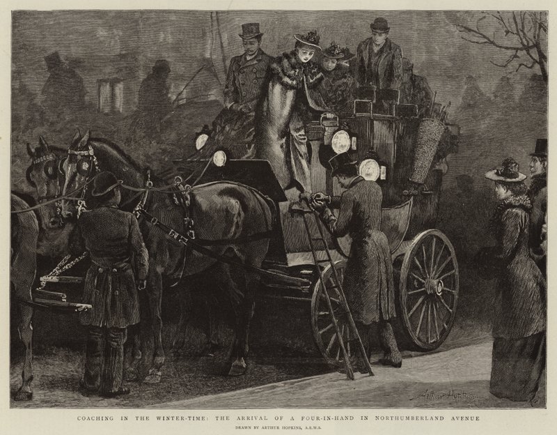 Koučování v zimním období, příjezd čtyřčlenného týmu na Northumberland Avenue od Arthur Hopkins