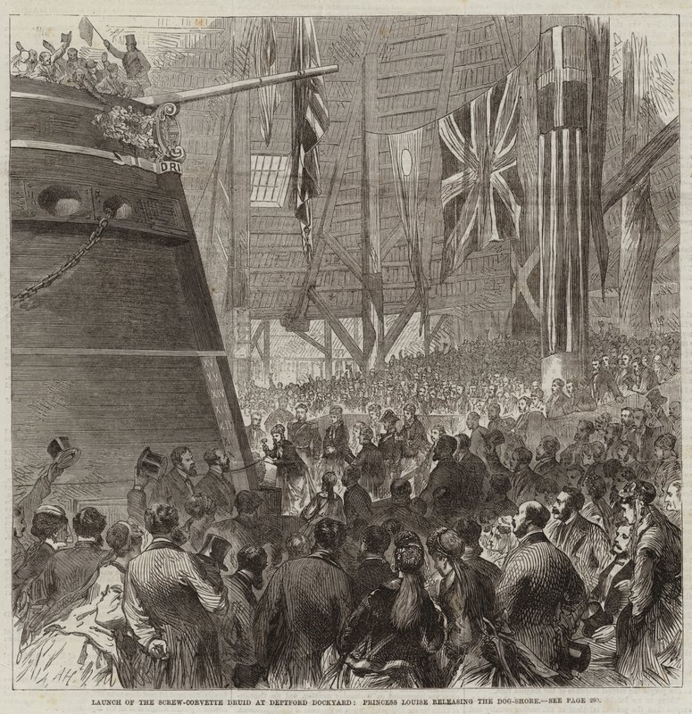 Start Screw-Corvette Druid v Deptford Dockyard, princezna Louise vydává Dog-Shore od Arthur Hopkins