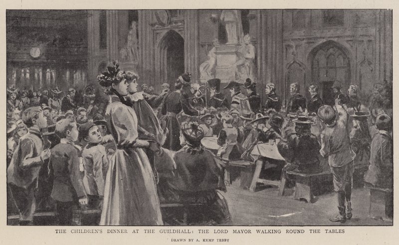 Dětská večeře v Guildhall, kolem stolů chodí starosta od Arthur Kemp Tebby