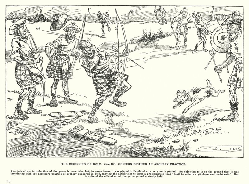 Počátek golfu, golfisté narušují lukostřelbu (litografie) od Arthur Moreland