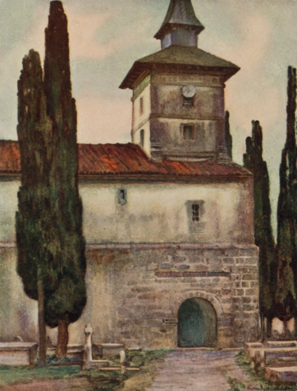 Baskicko: Kostel v Itxassou (barevné lito) od Arthur Romilly Fedden