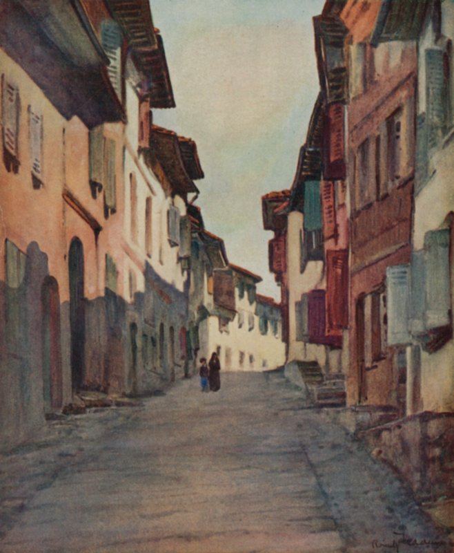 Baskicko: Ulice na Starém Městě, St Jean-Pied-de-Port (barevné lito) od Arthur Romilly Fedden