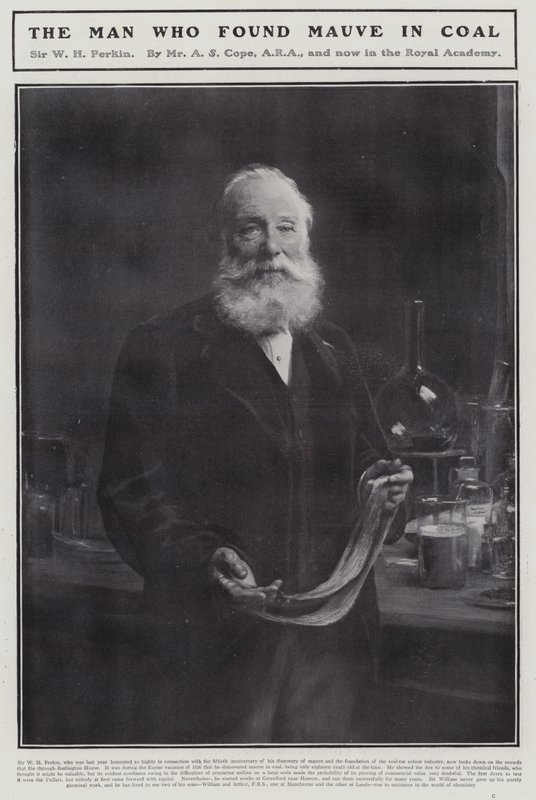 William Henry Perkin, anglický chemik, který objevil první syntetické organické barvivo, mauveine (litho) od Arthur Stockdale Cope