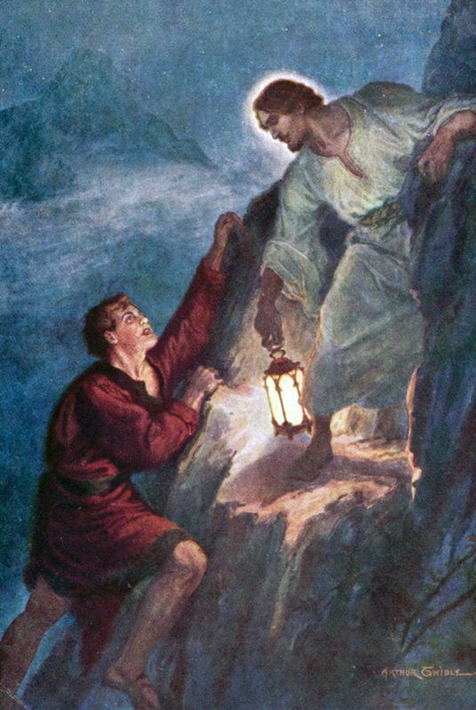 Mladý muž leze za světlem, které drží Ježíš Kristus od Arthur Twidle