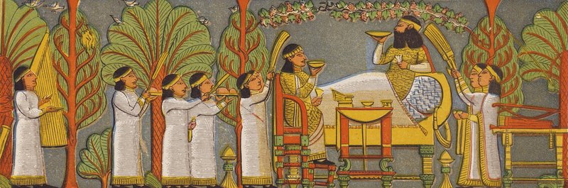 Asyrská hodovní scéna (barevná litografie) od Assyrian