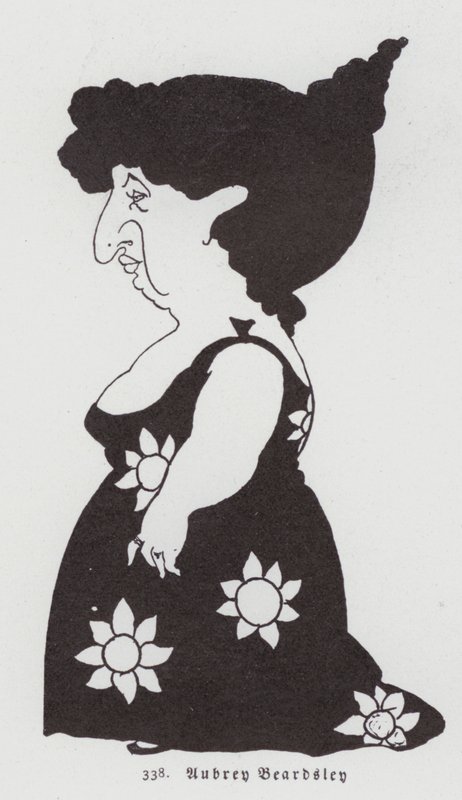 Karikatura ženy ve slunečnicových šatech od Aubrey Beardsley