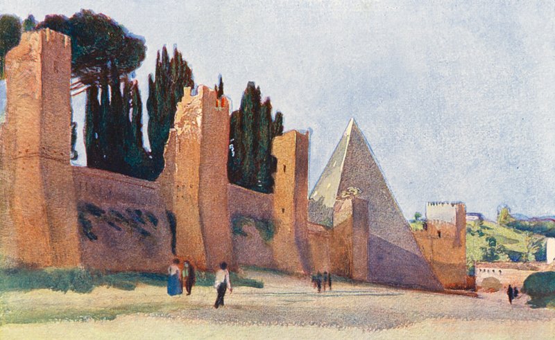 Řím: Aureliánova zeď s pyramidou Caia Cestia (barevná litografie) od Aubrey Waterfield