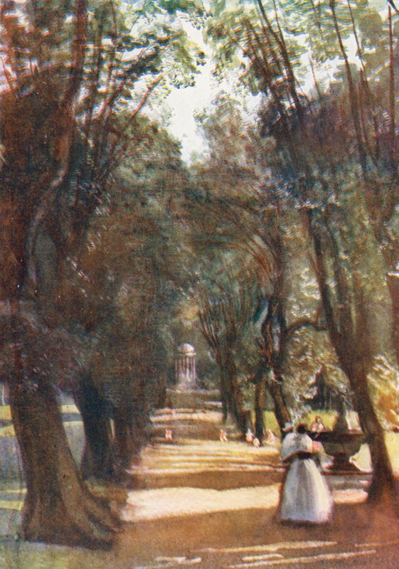 Řím: Ilex Avenue ve vile Borghese (barevná litografie) od Aubrey Waterfield