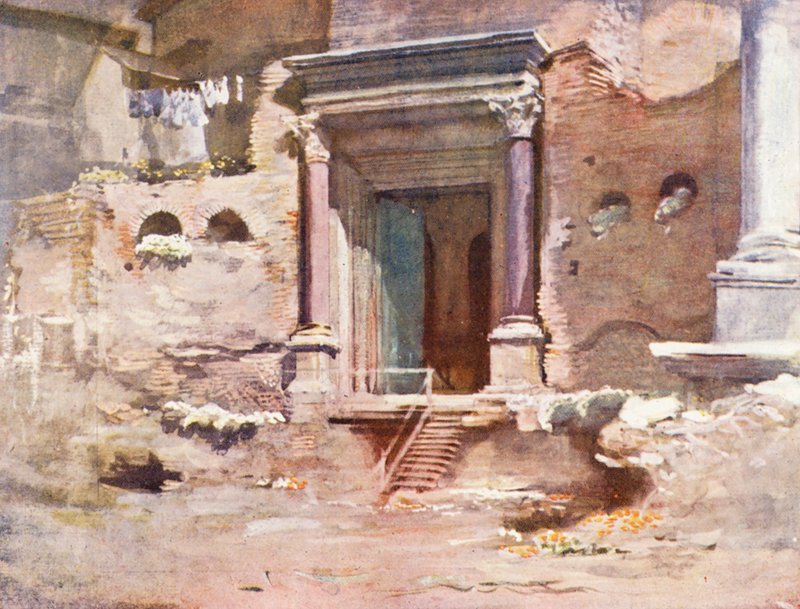 Řím: Dveře Romulova chrámu, Forum (barevná litografie) od Aubrey Waterfield
