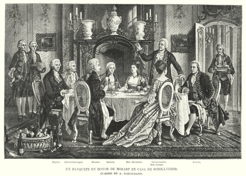 Banket na počest Mozarta v Schikanederově domě (litho) od August (after) Borckmann