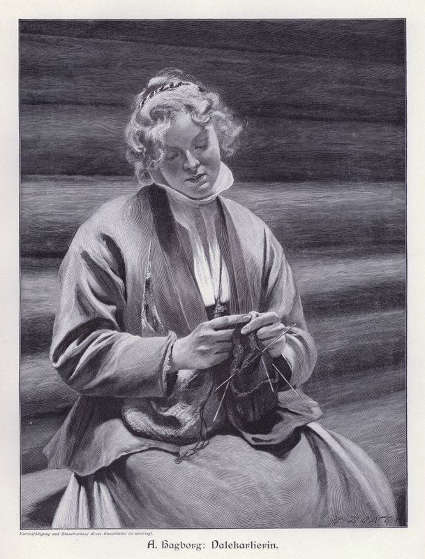 Portrét ženy pletení (rytí) od August Wilhelm Nikolaus Hagborg