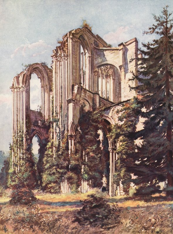 Francie: opatství Saint-Wandrille (barevná litografie) od Auguste Gerardin
