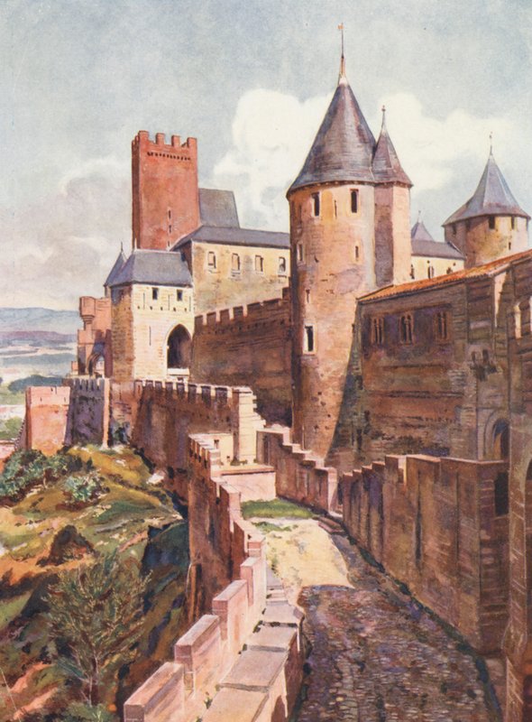 Francie: La Cite De Carcassonne (barevná litografie) od Auguste Gerardin