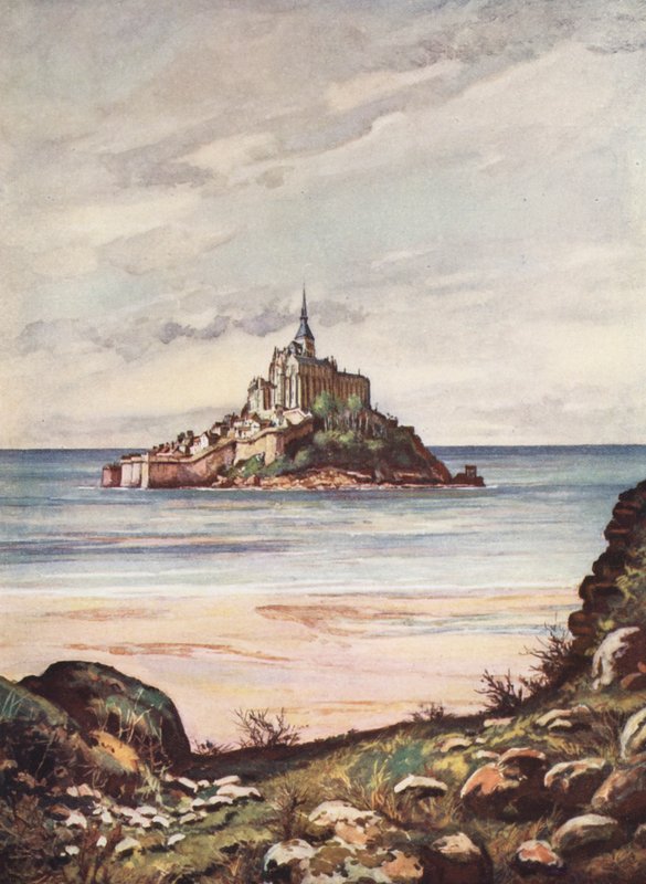 Francie: Mont Saint-Michel (barevná litografie) od Auguste Gerardin