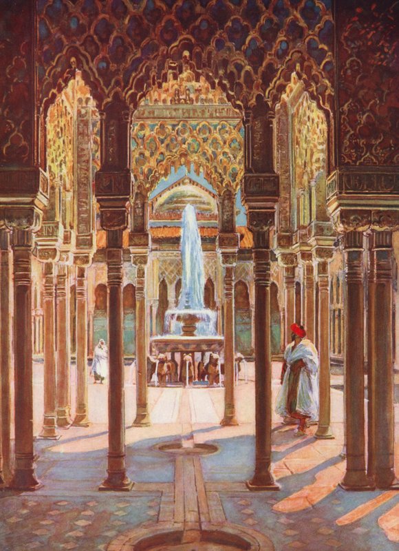 Alhambra, Španělsko (barevná litografie) od Auguste Gerardin