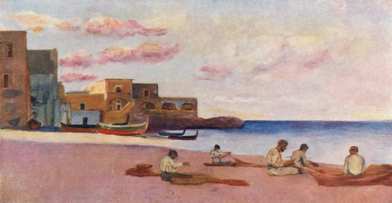 Večer na pláži přístavu Ischia (barevná litografie) od Augustine Fitzgerald