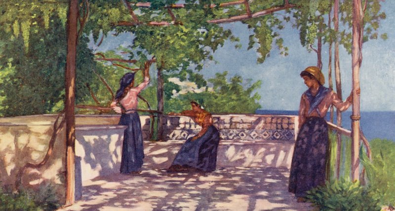 Rolníci pod vinicemi, Casamicciola, Ischia (barevná litografie) od Augustine Fitzgerald