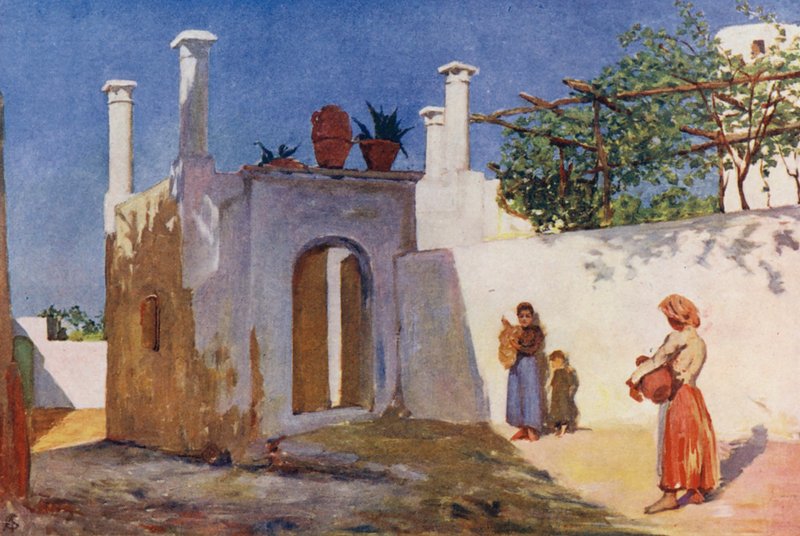 Vesnická silnice Caprili, Capri (barevná litografie) od Augustine Fitzgerald