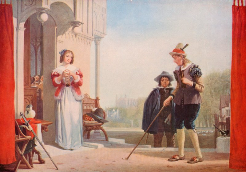 Shakespeare: Slender and Anne Page, The Marry Wives of Windsor, Act I, Scéna 1 (barevné lito) od Augustus Wall (after) Callcott