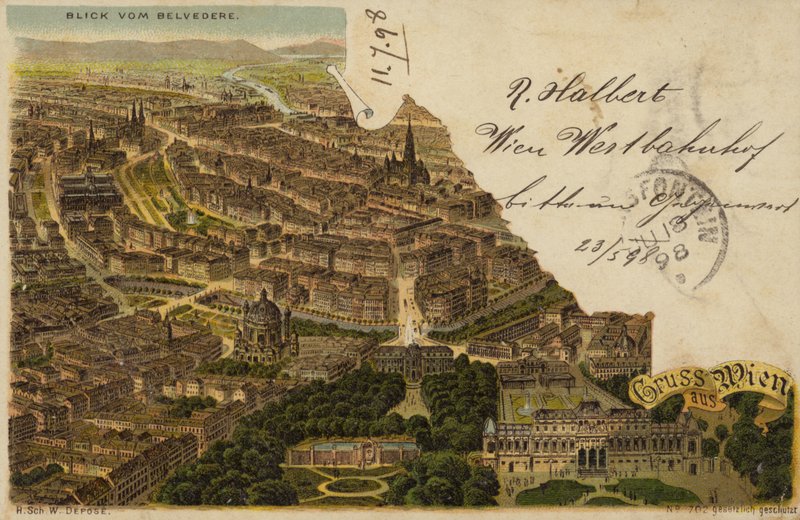 Pohlednice zobrazující letecký pohled na město Vídeň od Austrian School