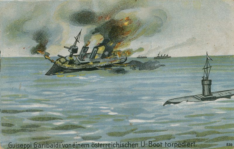 Potopení italského křižníku Giuseppe Garibaldi rakouskou ponorkou U-4, první světová válka, 18. července 1915 od Austrian School