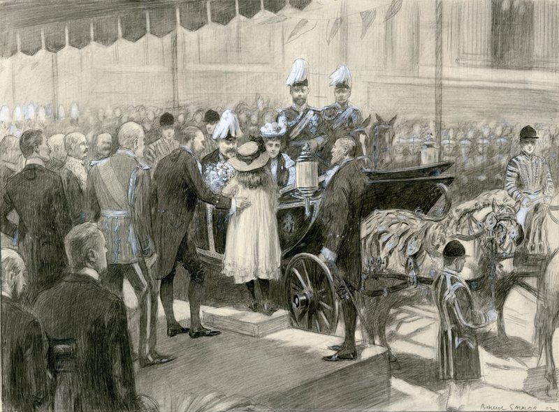 Král Eduard VII. a královna Alexandra - stánek londýnské hrabství na Trafalgarském náměstí, 24. října 1902 (akvarel na papíře) od Balliol (after) Salmon