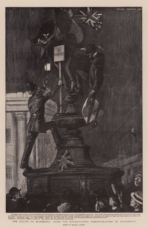 Reliéf v Mafekingu, někteří příliš nadšení demonstranti na Piccadilly (litografie) od Balliol (after) Salmon