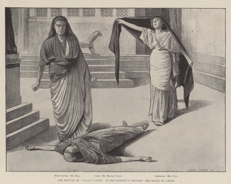 Obnovení hry "Julius Caesar" v Divadle Jejího Veličenstva, Caesarova smrt (rytina) od Balliol (after) Salmon