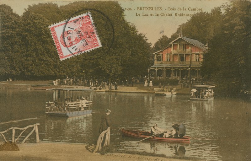 Jezero a chata Robinson, Bois de la Cambre, Brusel. Pohlednice odeslána v roce 1913. od Belgian Photographer