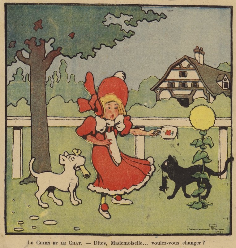 Karikatura dívky chycené mezi svého psa s kostí a její kočku s myší od Benjamin Rabier