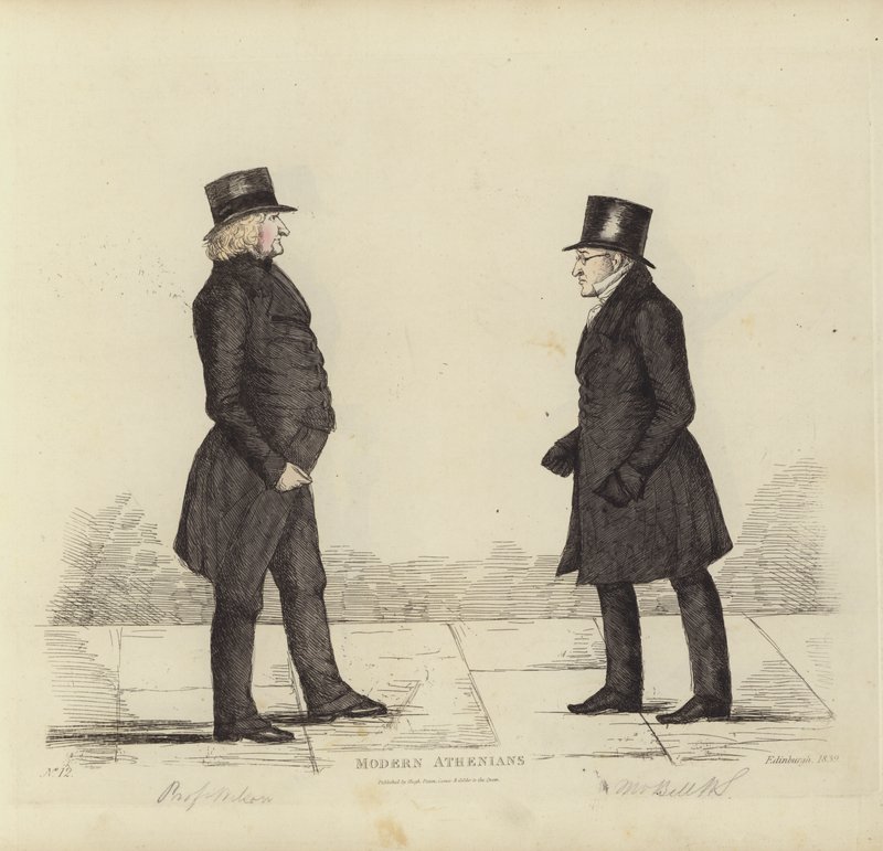 Eminent Edinburghians, aka moderní Athéňané, John Wilson, Esq, profesor morální filozofie, George Joseph Bell, Esq, profesor skotského práva (barevná rytina) od Benjamin William Crombie