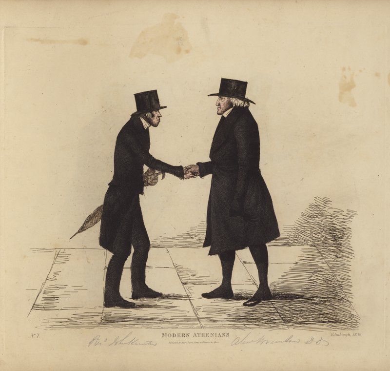 Významní Edinburghové, známí jako moderní Athéňané, reverend John Hunter, MA, z Tron Church, reverend Dr. Brunton, jeho kolega, profesor hebrejštiny atd. (barevné rytí) od Benjamin William Crombie