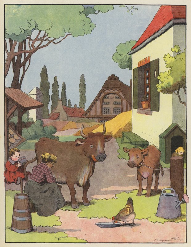 Žena dojící krávu na hospodářském dvoře od Benjamin Rabier