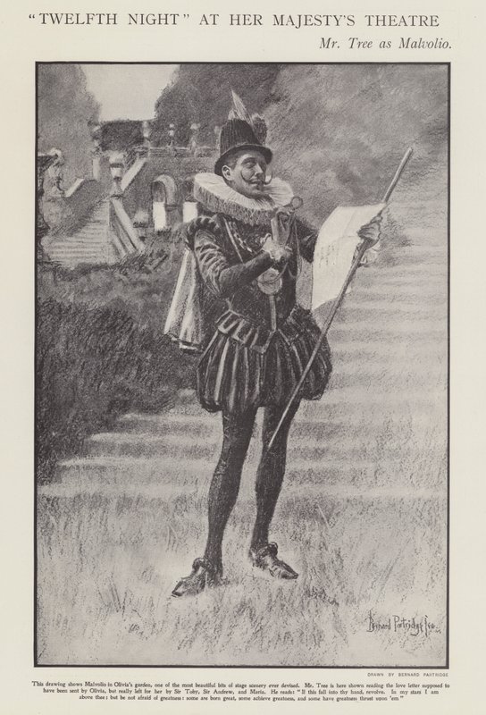 Herbert Beerbohm Tree jako Malvolio v inscenaci Shakespearovy Twelth Night in Her Majesty