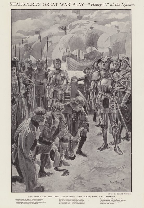 Scéna z inscenace Shakespearova Jindřicha V. v divadle Lyceum v Londýně (litho) od Bernard (after) Partridge