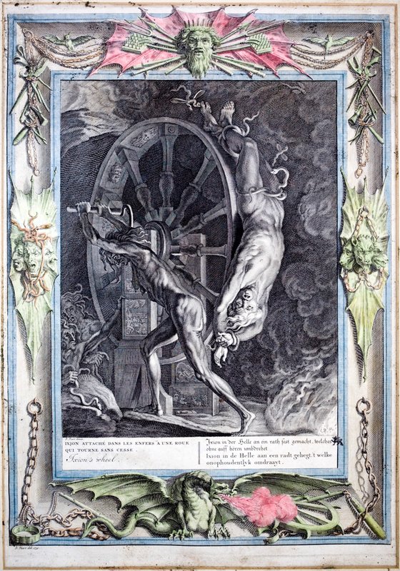 Ixion svázaný s věčně se otáčejícím ohnivým kolem (barevná rytina) od Bernard (after) Picart