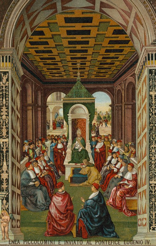 Enea Piccolomini před papežem Evženem IV. od Bernardino di Betto (after) Pinturicchio